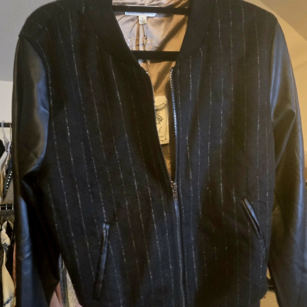 Easel Faux Leather/Cloth-  Black Bomber Jacket W Light Contrast Pinstripe